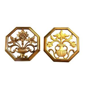 Hollywood Regency Syroco Gold Ornate Floral Wall Plaques Octagonal Set Of 2‎ MCM